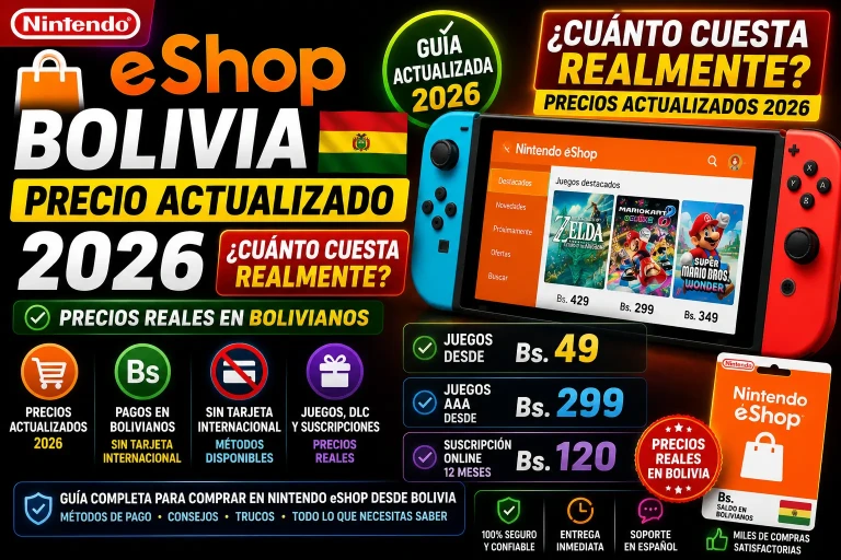Banner promocional sobre precios actualizados de Nintendo eShop en Bolivia 2026 con Nintendo Switch, juegos destacados y precios en bolivianos.