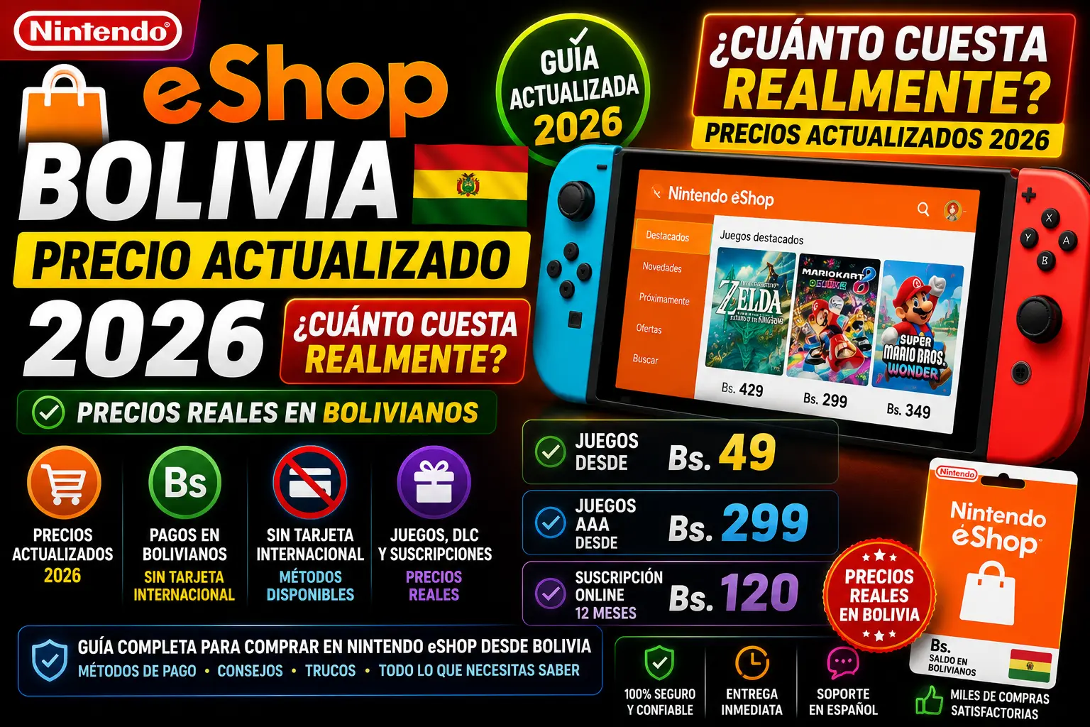 Banner promocional sobre precios actualizados de Nintendo eShop en Bolivia 2026 con Nintendo Switch, juegos destacados y precios en bolivianos.