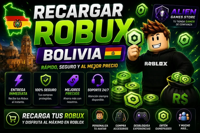 Imagen promocional de recargar Robux en Bolivia con diseño gamer verde neón, monedas Robux y branding premium de AlienGames.Store.