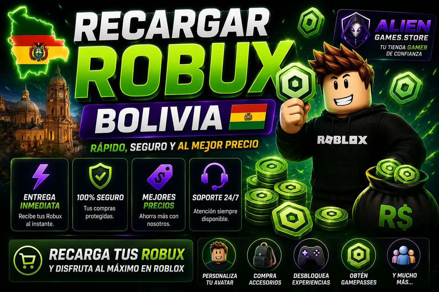 Imagen promocional de recargar Robux en Bolivia con diseño gamer verde neón, monedas Robux y branding premium de AlienGames.Store.