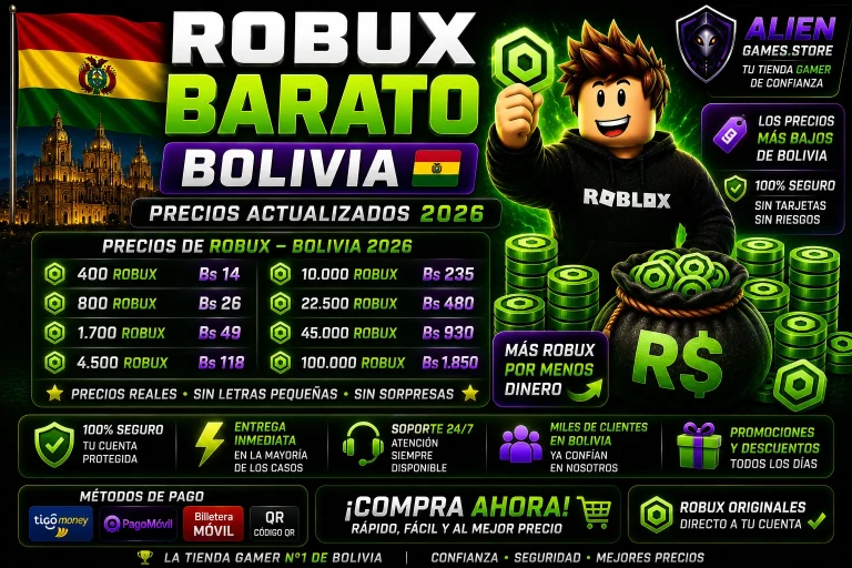 Tabla de precios actualizados 2026 de Robux baratos en Bolivia con entrega inmediata y compra segura en AlienGames.Store.