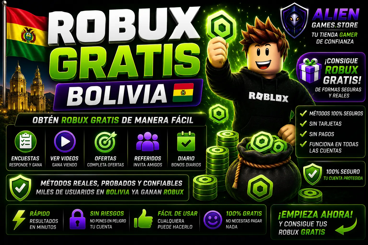 Imagen promocional de Robux Gratis Bolivia 2026 con métodos seguros para ganar Robux gratis y branding de AlienGames.Store.
