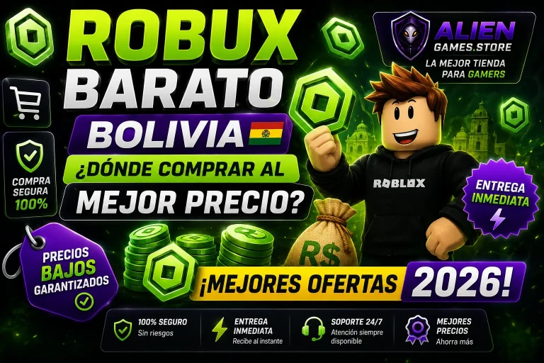 Imagen promocional de Robux barato en Bolivia 2026 con ofertas, monedas Robux verdes y branding gamer premium de AlienGames.Store.
