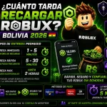 Imagen promocional sobre cuánto tarda recargar Robux en Bolivia 2026 con tiempos de entrega, Robux verdes neón y branding de AlienGames.Store.
