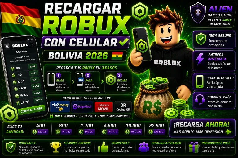 Imagen promocional de recarga de Robux con celular en Bolivia 2026 usando métodos de pago móviles y branding de AlienGames.Store.