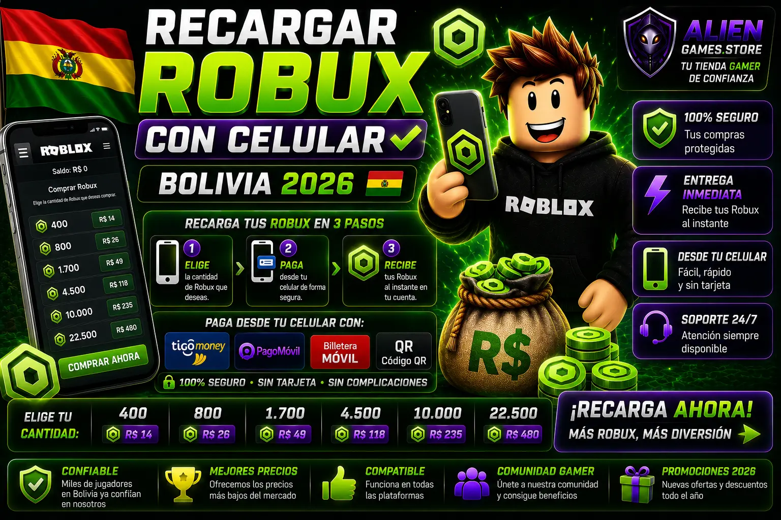 Imagen promocional de recarga de Robux con celular en Bolivia 2026 usando métodos de pago móviles y branding de AlienGames.Store.