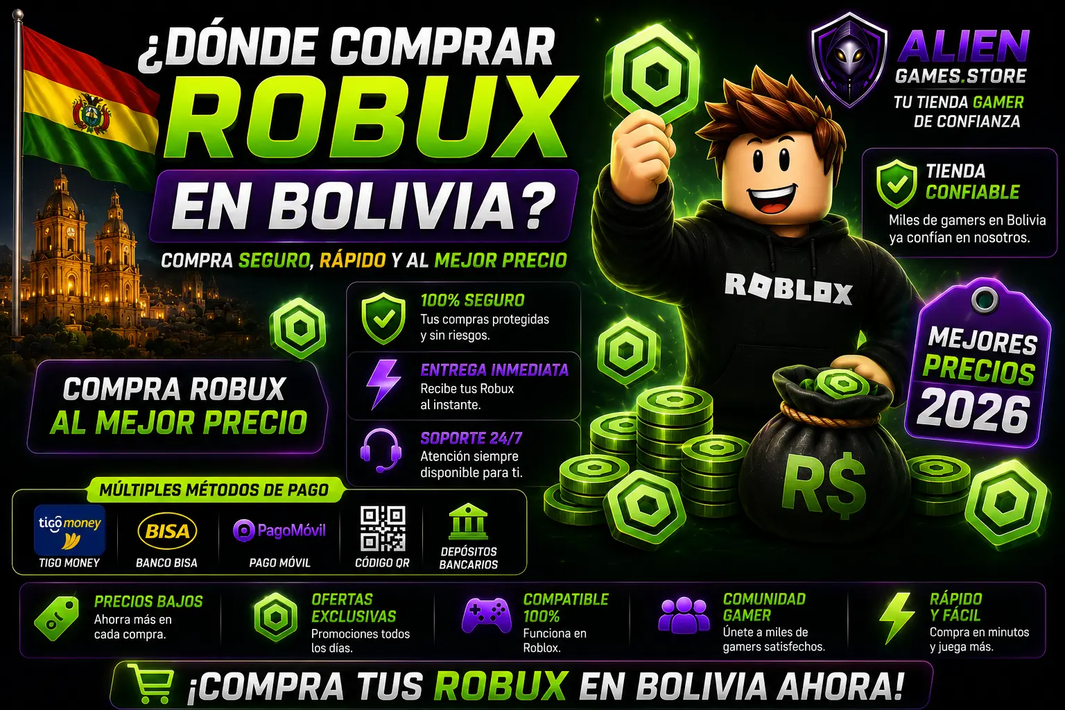Banner promocional de Robux en Bolivia con diseño gamer premium de AlienGames.Store, personaje estilo Roblox, monedas verdes neón y métodos de pago bolivianos.