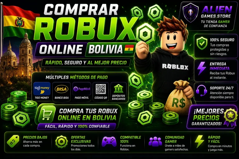 Banner gamer premium de Robux Online Bolivia con personaje estilo Roblox, monedas verdes neón y branding de AlienGames.Store.