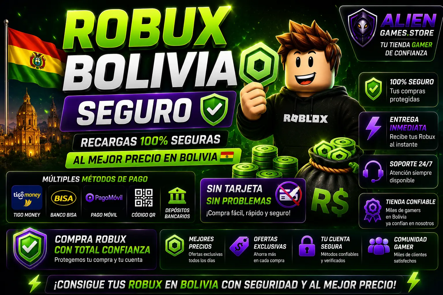 Banner promocional de Robux Bolivia Seguro con diseño gamer verde neón, personaje estilo Roblox y branding premium de AlienGames.Store.