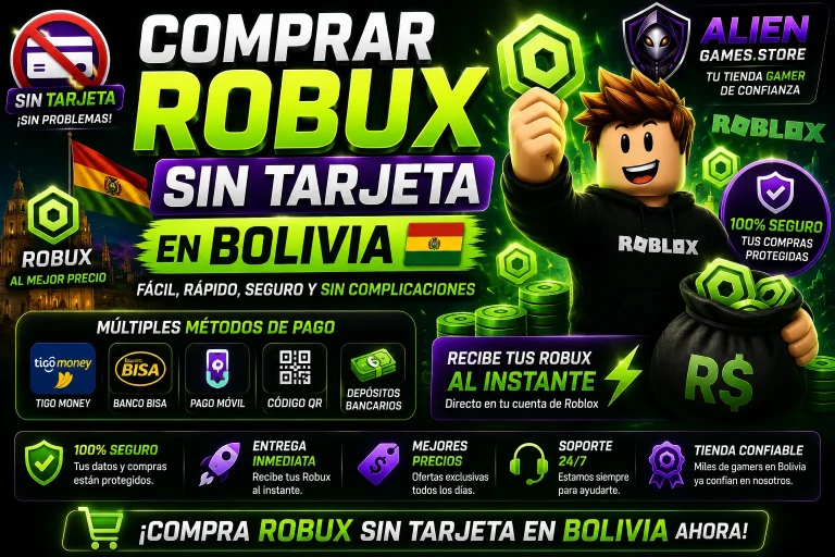 Imagen promocional de comprar Robux sin tarjeta en Bolivia con diseño gamer verde neón y branding premium de AlienGames.Store.