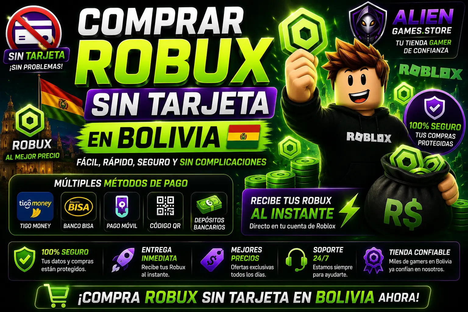 Imagen promocional de comprar Robux sin tarjeta en Bolivia con diseño gamer verde neón y branding premium de AlienGames.Store.