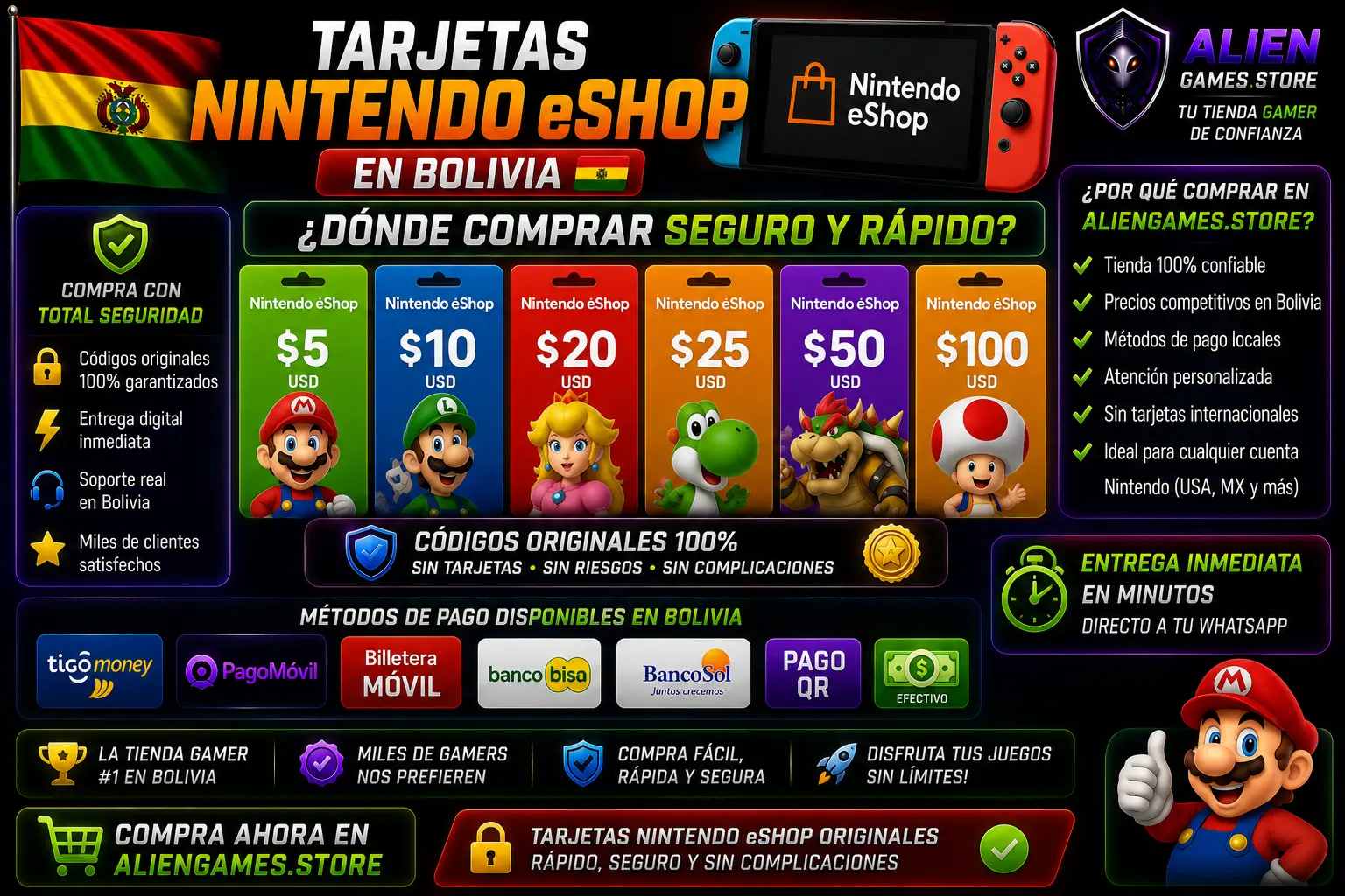 Tarjetas Nintendo eShop USA en Bolivia con entrega inmediata, códigos originales y compra segura en AlienGames.Store.