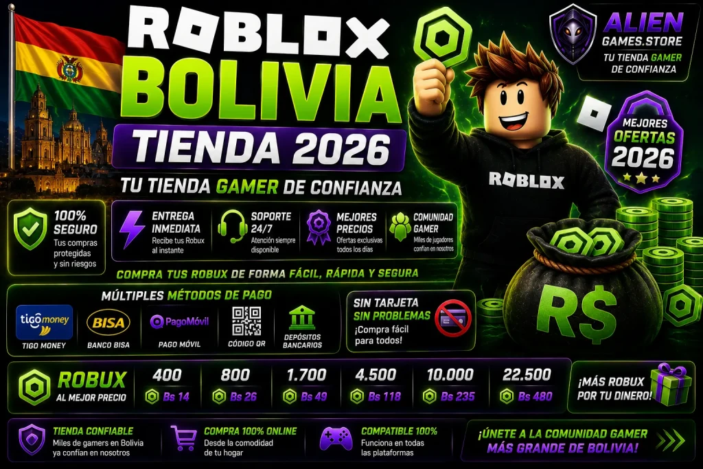 Roblox Bolivia Tienda 2026 con precios actualizados de Robux, entrega inmediata y compra segura en AlienGames.Store.