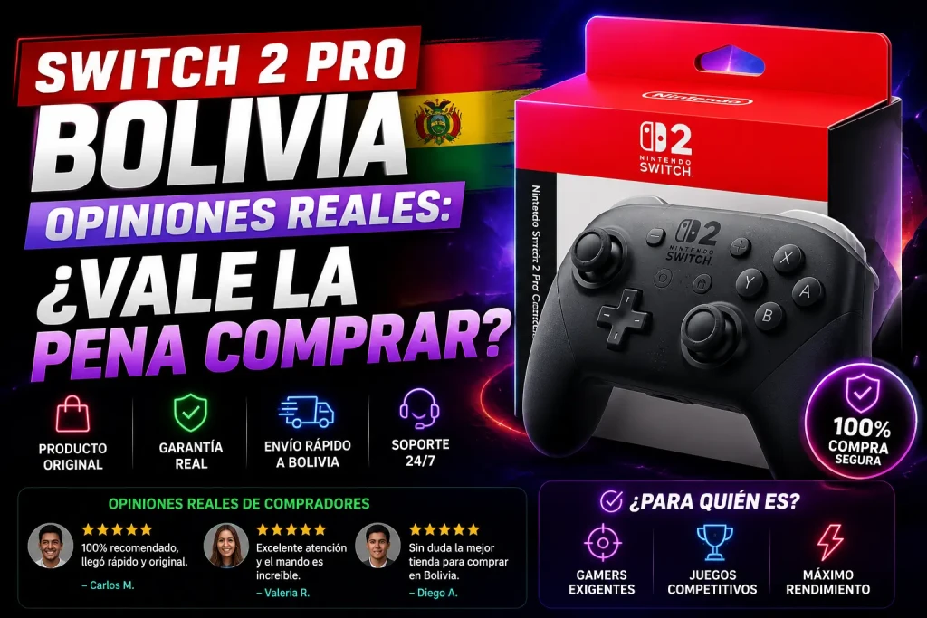 Banner promocional sobre Nintendo Switch 2 Pro en Bolivia con opiniones reales, control Pro y diseño gamer futurista.