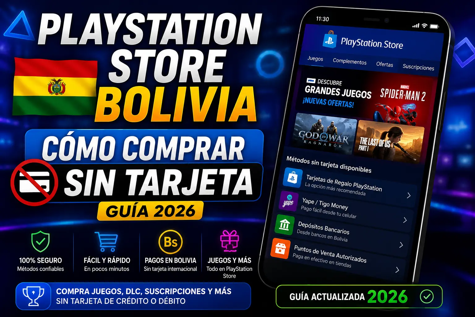Banner informativo sobre cómo comprar en PlayStation Store Bolivia sin tarjeta usando métodos de pago locales y guía actualizada 2026.