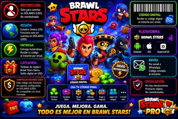 Gift Card digital de Brawl Stars con entrega inmediata, compatible con cuentas en dólares USD y disponible en AlienGames.Store.