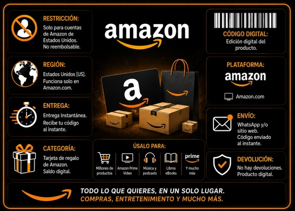 Banner promocional de Amazon Gift Card USA con entrega digital instantánea y compatibilidad exclusiva con cuentas Amazon Estados Unidos.