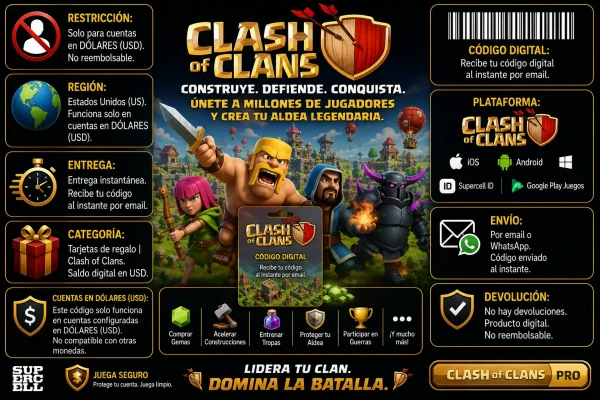 Gift Card digital de Clash of Clans con entrega inmediata, compatible con cuentas en dólares USD y disponible en AlienGames.Store.