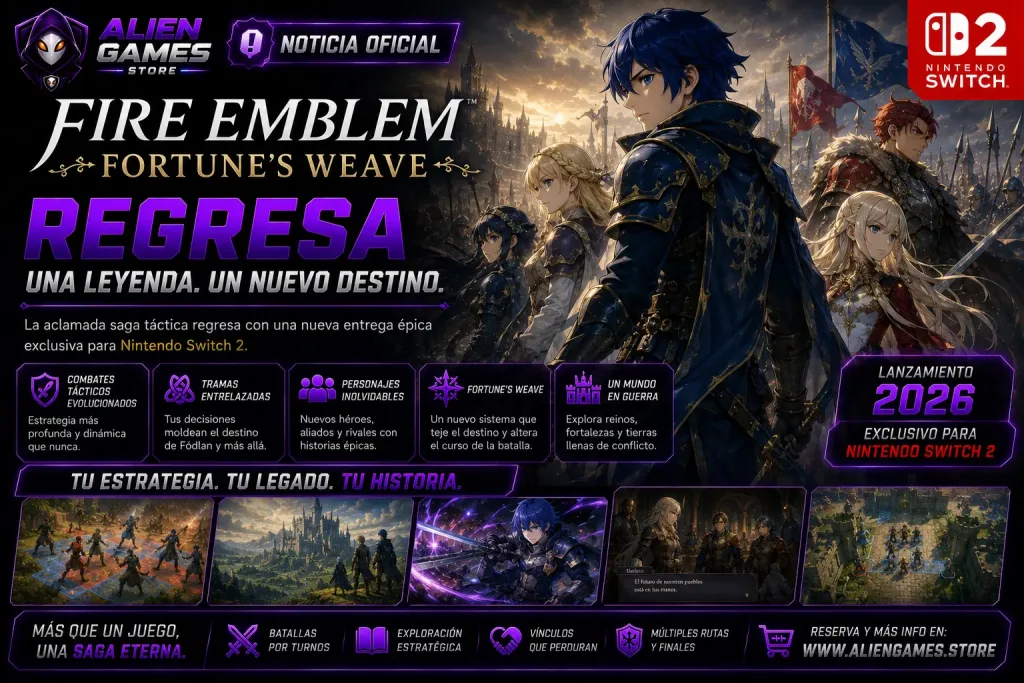 Imagen promocional oficial de Fire Emblem Fortune's Weave para Nintendo Switch 2. El nuevo capítulo de la legendaria saga táctica presenta nuevos héroes, decisiones que alteran la historia, combates estratégicos por turnos y múltiples rutas narrativas que definirán el destino del continente.