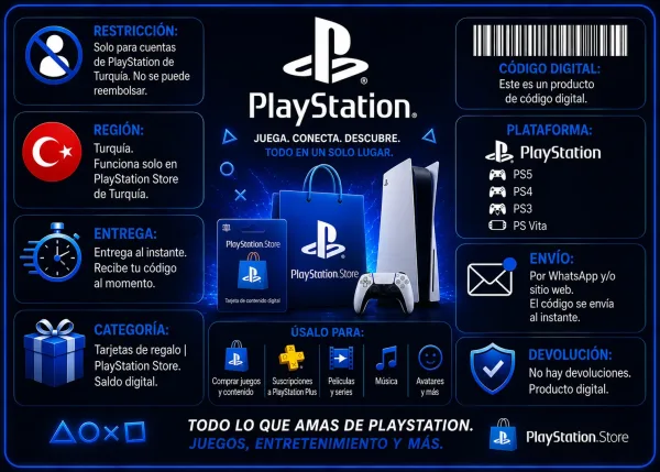 PlayStation Gift Card Turquía código digital para cuentas PlayStation Store de Turquía, entrega inmediata, saldo digital para juegos, suscripciones y contenido PlayStation.