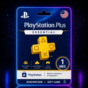 Tarjeta digital PlayStation Plus Essential de 1 mes región USA con diseño gamer neón de AlienGames Store.