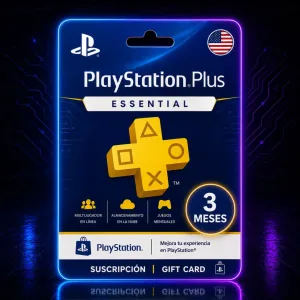 Tarjeta digital PlayStation Plus Essential de 3 meses región USA con diseño gamer neón de AlienGames
