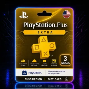 Tarjeta digital PlayStation Plus Extra de 3 meses región USA con diseño gamer neón de AlienGames Store.