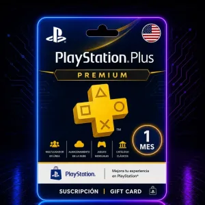 Tarjeta digital PlayStation Plus Premium de 1 mes región USA con diseño gamer neón de AlienGames Store.