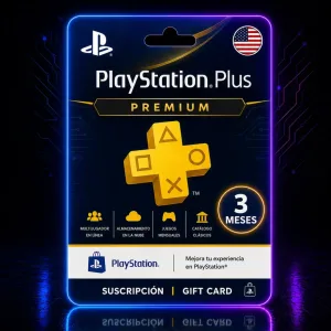 Tarjeta digital PlayStation Plus Premium de 3 meses región USA con diseño gamer neón de AlienGames Store.
