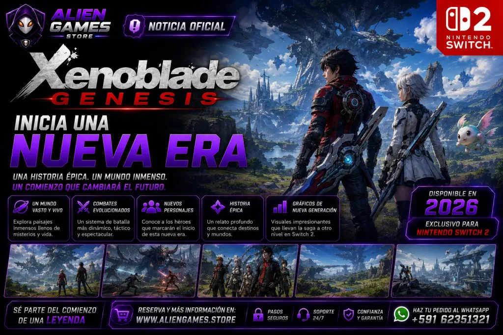 Imagen promocional de Xenoblade Genesis para Nintendo Switch 2. La nueva entrega presenta un mundo abierto de gran escala, nuevos protagonistas, combates evolucionados y una historia épica que marcará el inicio de una nueva era para la franquicia Xenoblade.