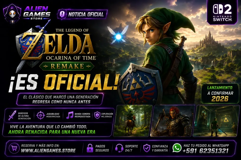 Imagen promocional de The Legend of Zelda: Ocarina of Time Remake mostrando a Link en una versión completamente renovada para Nintendo Switch 2. El remake incluye gráficos de nueva generación, exploración mejorada, banda sonora reorquestada y una experiencia modernizada para una nueva generación de jugadores.